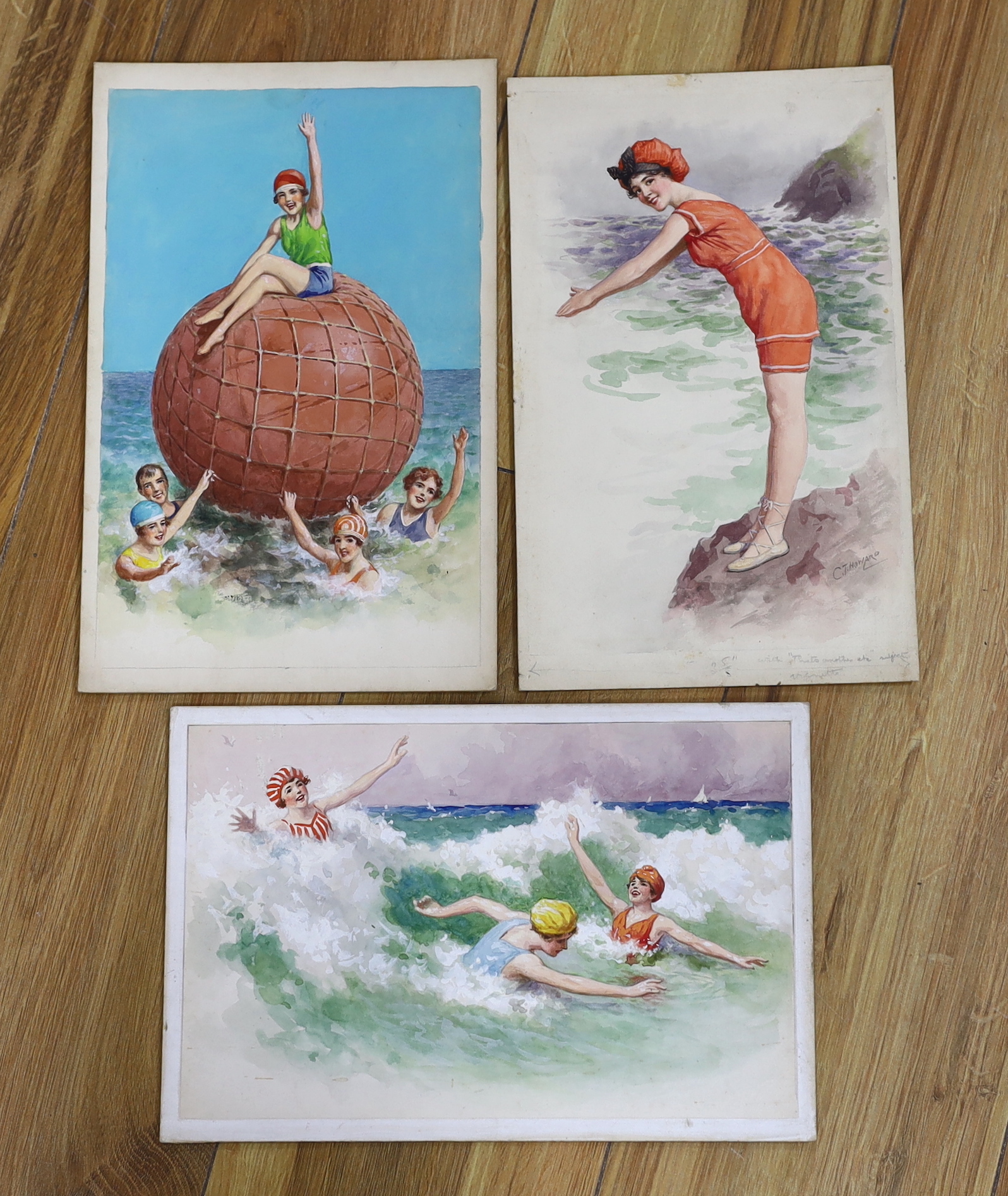 Charles Thomas Howard (1865-1942), three original watercolours for postcard designs, Bathing Girls, one signed, unframed, 27 x 18cm